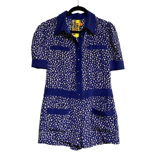 Lucky Chouette Silk Skull & Crossbones Novelty Print Button Front Romper Size M - Picture 2 of 15